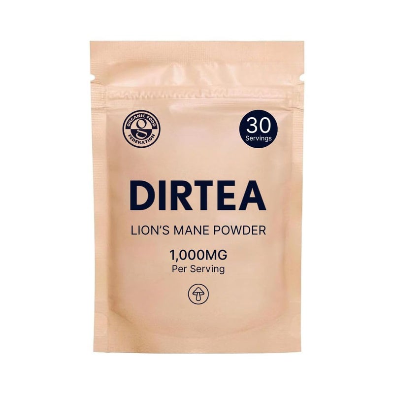DIRTEA Lions Mane Mushroom Powder | 100% Organic | Vegan | Non GMO | Cognitive Function Support and Memory Booster Nootropic - Premium Lion's Mane Extract | Pouch 60g - 30 Day Serving - Image 1